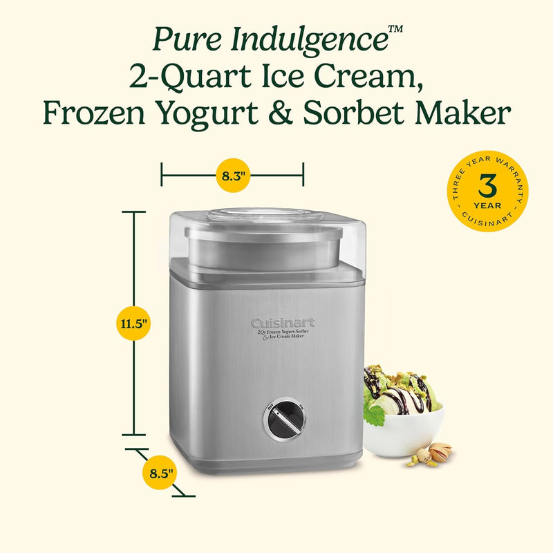 Cuisinart | Pure Indulgence 2 Quart Ice Cream Maker with integrated motor, double-insulated bowl, and automatic mixing paddle, perfect for homemade frozen desserts.