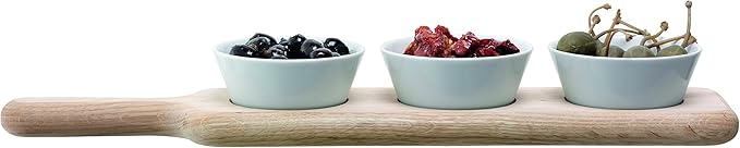 LSA International Dine Bowl Set with Oak Paddle, featuring three porcelain bowls ideal for serving olives and nuts, perfect for enhancing your dining table's rustic appeal.
