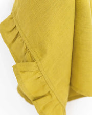 MagicLinen - Ruffle trim tea towel in moss yellow, featuring a close-up of its soft, absorbent linen fabric with stylish ruffle detailing.