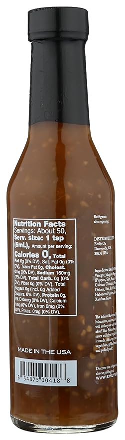 Emily G's Pepper Vinegar Sauce in a brown bottle with a white label, ideal for enhancing dishes with jalapeno, onion, and red bell pepper flavors.