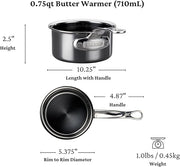 Hestan NanoBond | Cookware - .75qt Butter Warmer Pan with detailed dimensions and polished stainless-steel finish, showcasing durable design and exceptional heat conduction for precise cooking tasks.
