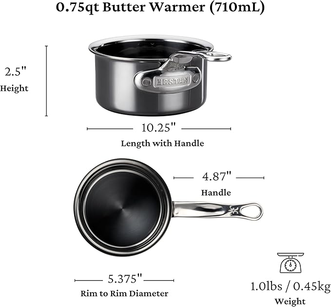 Hestan NanoBond | Cookware - .75qt Butter Warmer Pan with detailed dimensions and polished stainless-steel finish, showcasing durable design and exceptional heat conduction for precise cooking tasks.