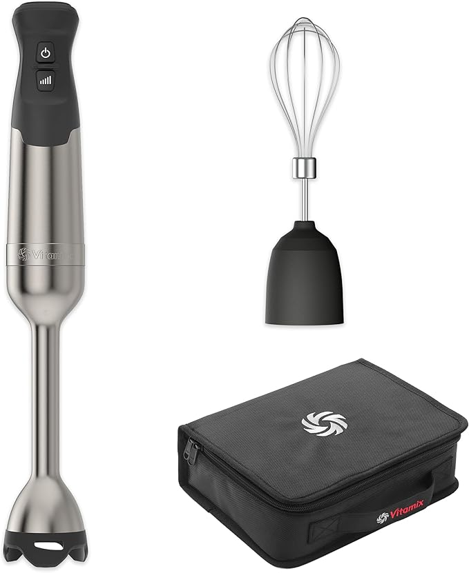 Vitamix | Immersion Blender Bundle with whisk attachment and storage case, showcasing versatile kitchen appliance ideal for blending in various containers.