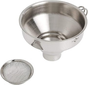 Küchenprofi | Wide Mouth Canning Funnel with Mesh Filter: A stainless steel funnel with an ergonomic handle and removable mesh filter for efficient kitchen straining tasks.