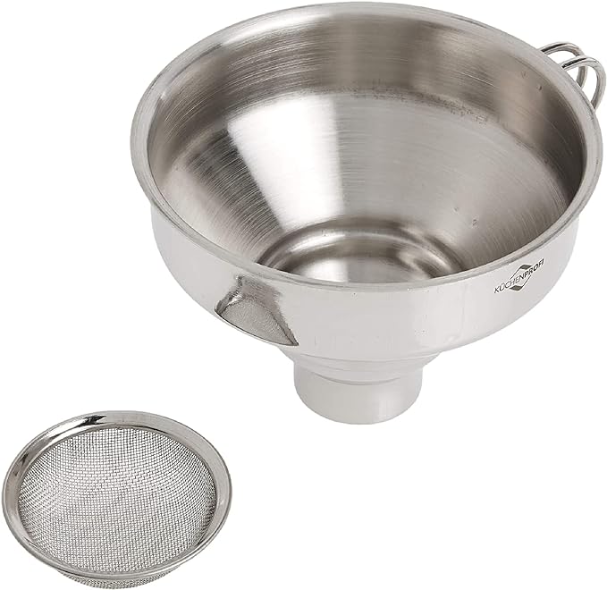 Küchenprofi | Wide Mouth Canning Funnel with Mesh Filter: A stainless steel funnel with an ergonomic handle and removable mesh filter for efficient kitchen straining tasks.