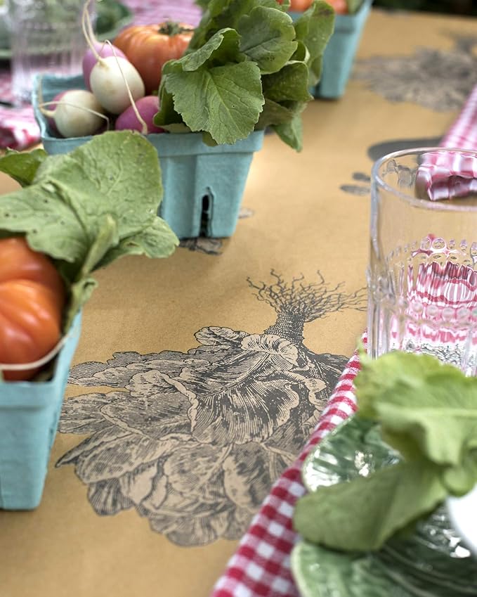 Hester & Cook | Farmer's Market Runner displayed on a table with various fresh vegetables and a glass, highlighting its use for elegant kitchen and dining setups.