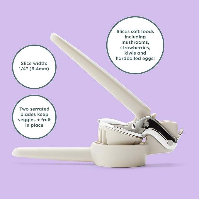 Chef'n Handheld Slicer featuring geared technology for slicing fruits and vegetables effortlessly, includes dual stainless steel serrated blades for safe, precise kitchen use.