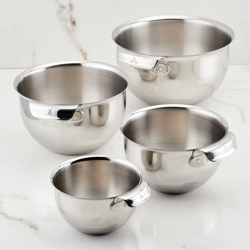 Hestan 4pc Stainless Steel Mixing Bowl Set featuring 1.5qt, 3.0qt, 4.75qt, and 7.0qt bowls, ideal for versatile kitchen use.