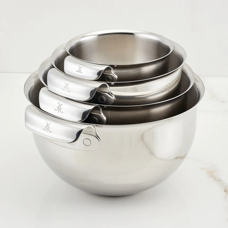 Hestan 4pc Stainless Steel Mixing Bowl Set, featuring stackable bowls in sizes 1.5qt, 3.0qt, 4.75qt, and 7.0qt, ideal for diverse kitchen tasks.