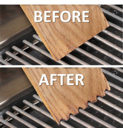 Two-panel image of the Great Scrape - Woody Nub - BBQ Cleaning Tool showing smooth and scalloped, burnt wood edges after use on a grill grate.