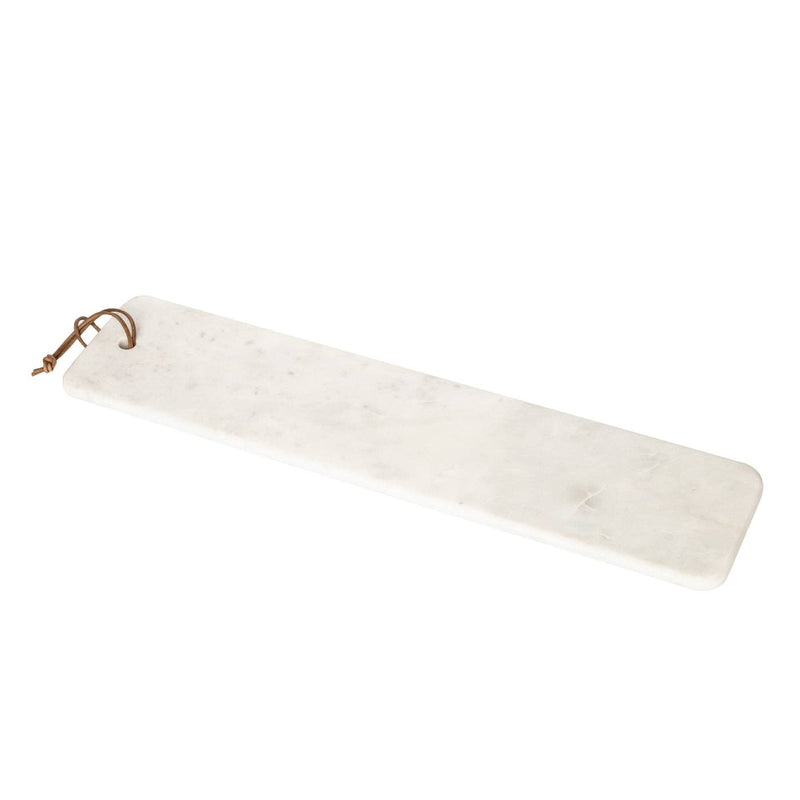 Couleur Nature - Pepe Marble Cheese Board, Large White: A sleek, narrow white marble board with swirling veins and a leather-strap loop, perfect for elegantly serving cheeses.