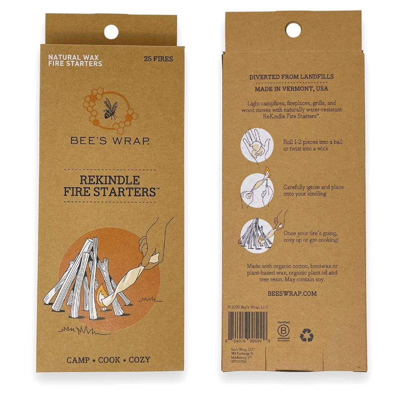Bee's Wrap - ReKindle Fire Starters™ box displaying eco-friendly waxed cotton strips for lighting campfires, grills, fireplaces; includes simple instructions and materials blurb on back.