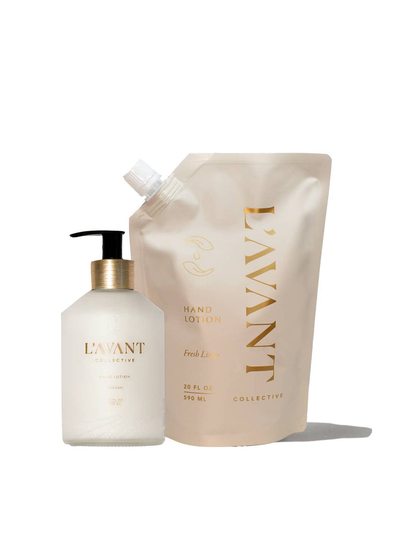 L'AVANT Collective - Hand Lotion Refill Pouch Fresh Linen set featuring an 8 fl oz frosted glass pump bottle and a 20 fl oz refill pouch.