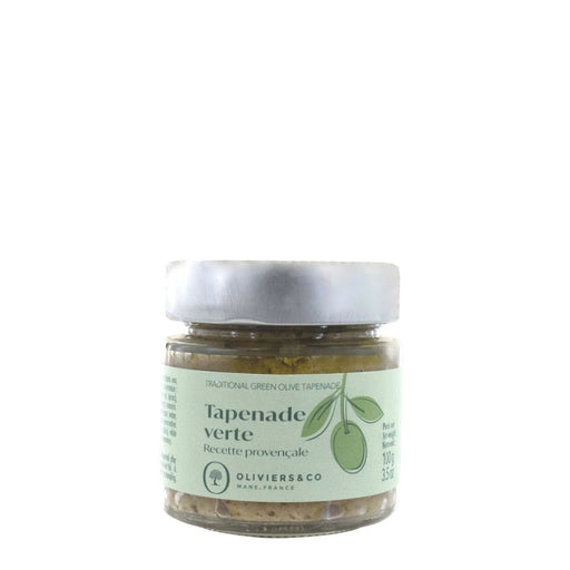 Oliviers&Co | Green Olive Tapenade in a 100g glass jar with a metal lid, featuring a classic Provençal recipe made in Vaucluse, France.