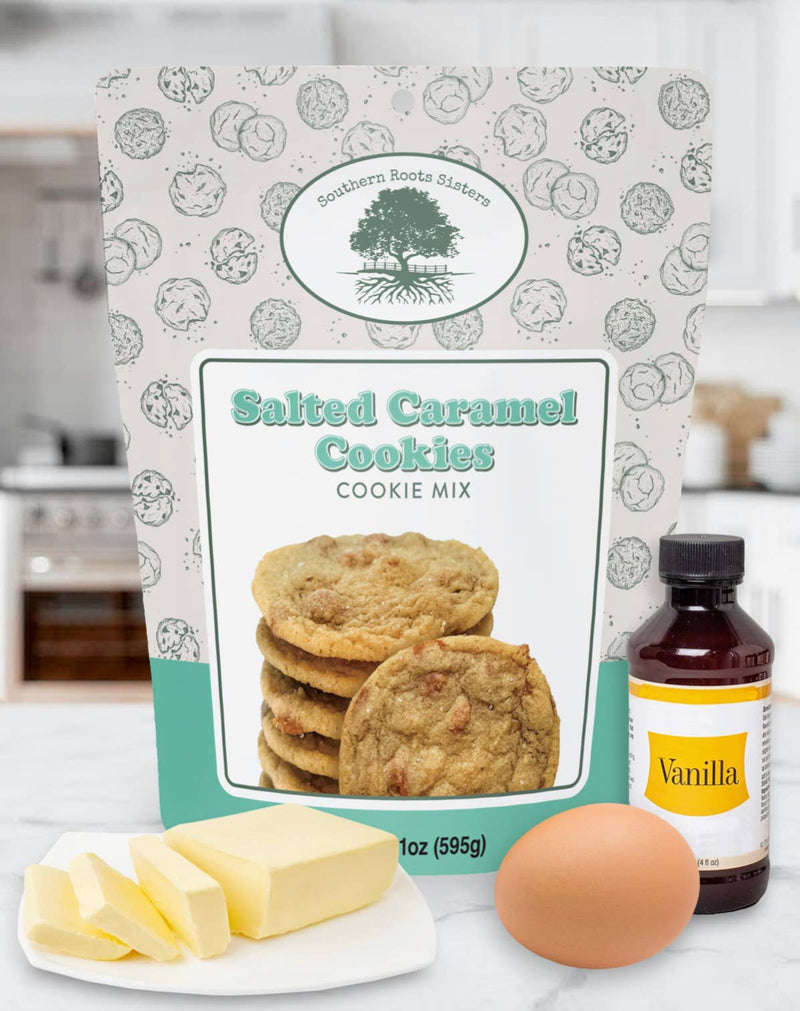Southern Roots Sisters - Salted Caramel Cookie Mix with butter, egg, and vanilla in a kitchen setting, ready to make gooey, sweet-savory cookies.