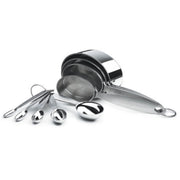 Cuisipro Measuring Cup & Spoon Set SS, featuring stacked stainless steel measuring cups and spoons, ideal for precision cooking and baking, available at Athens Cooks.