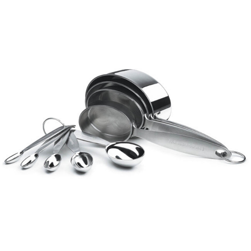 Cuisipro Measuring Cup & Spoon Set SS, featuring stacked stainless steel measuring cups and spoons, ideal for precision cooking and baking, available at Athens Cooks.