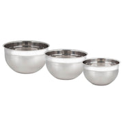 Set of 3 stainless steel mixing bowls by Cuisipro, featuring handles, perfect for versatile kitchen use. Ideal dishware for cooking enthusiasts from Athens Cooks.