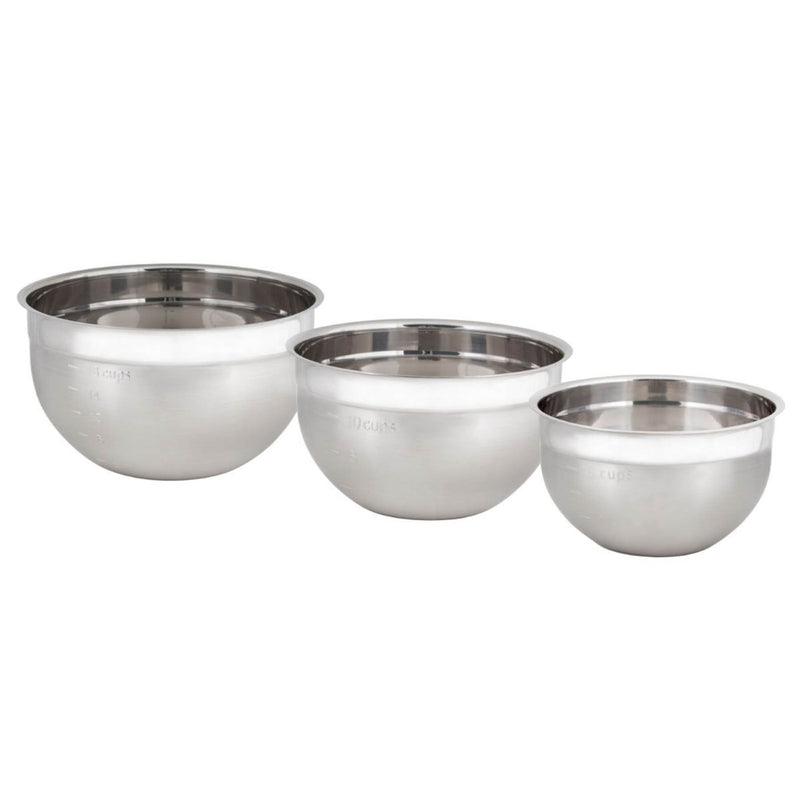 Set of 3 stainless steel mixing bowls by Cuisipro, featuring handles, perfect for versatile kitchen use. Ideal dishware for cooking enthusiasts from Athens Cooks.