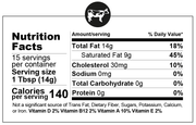 Nutrition Facts label for Fatworks - Cultured Ghee Made From 100% Organic Butter 7.5 OZ, highlighting 140 calories per serving and high saturated fat content.