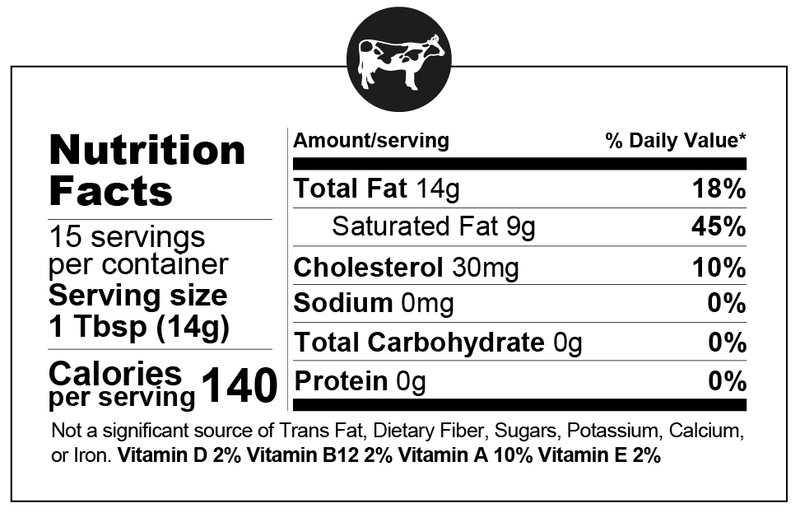 Nutrition Facts label for Fatworks - Cultured Ghee Made From 100% Organic Butter 7.5 OZ, highlighting 140 calories per serving and high saturated fat content.