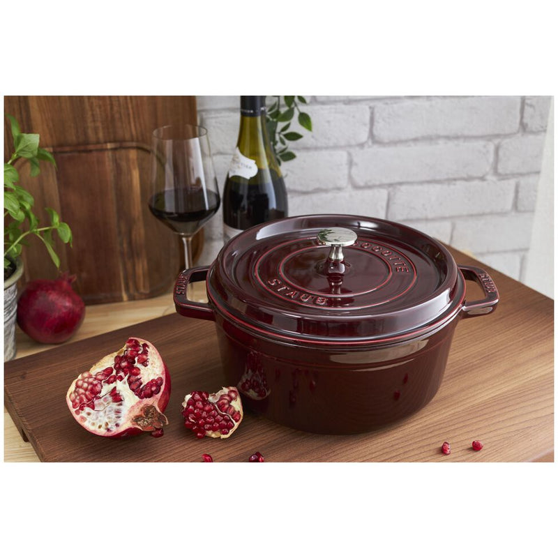 Staub | Round Cocottes - 4 qt - Grenadine, cast iron pot with self-basting lid, ideal for slow-cooking and elegant table presentation.