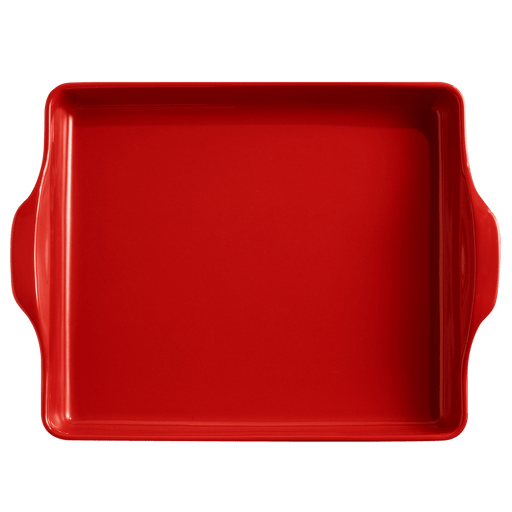 Emile Henry | Focaccia + Detroit Pizza Pan, 6 x 12.5, Burgundy, featuring small handles on the sides, ideal for creating crispy, chewy Detroit-style pizza.