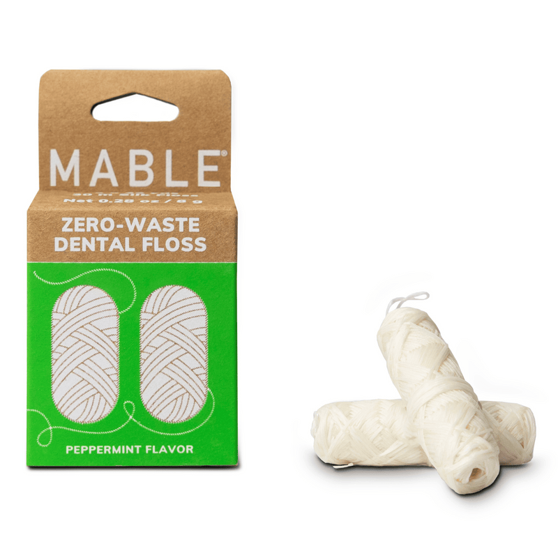 MABLE - Silk Dental Floss Refill - 2 Pack in kraft-paper box, with two compact, cylindrical refills designed for a reusable dispenser, offering zero-waste, strong, peppermint-flavored floss.