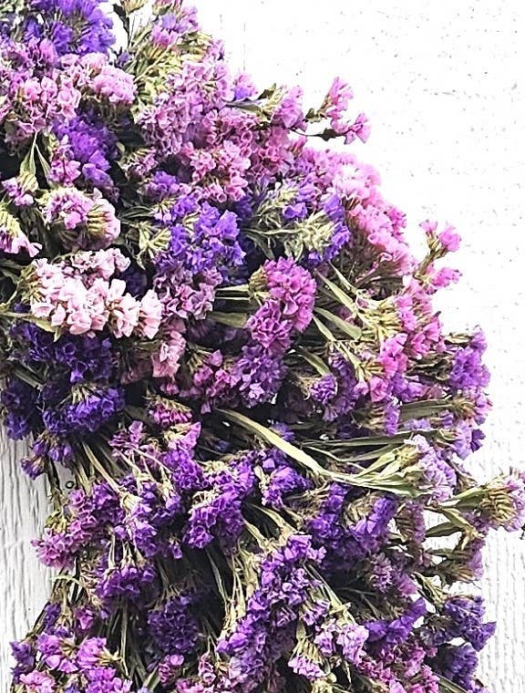 Alissas Flower Farm - Wreath: Stuffed with Statice: Rose Shades, featuring dried purple and pink statice, perfect for indoor decoration.