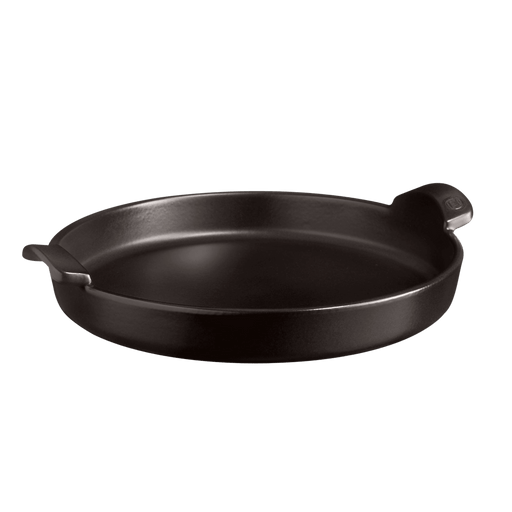 Emile Henry | Chicago Deep Dish Pan, Charcoal: A round cast-iron skillet with dual handles, ideal for crafting crispy deep-dish pizzas. Perfect for versatile oven use.