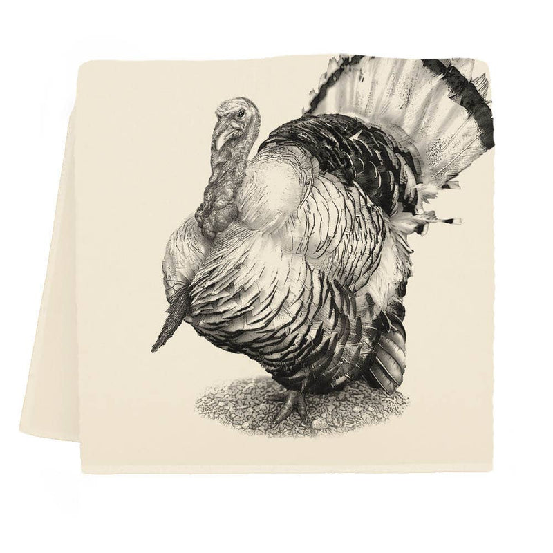 Vintage-style turkey illustration on Eric & Christopher's Dexter Turkey Tea Towel, crafted from pre-shrunk cotton, perfect for kitchen use.