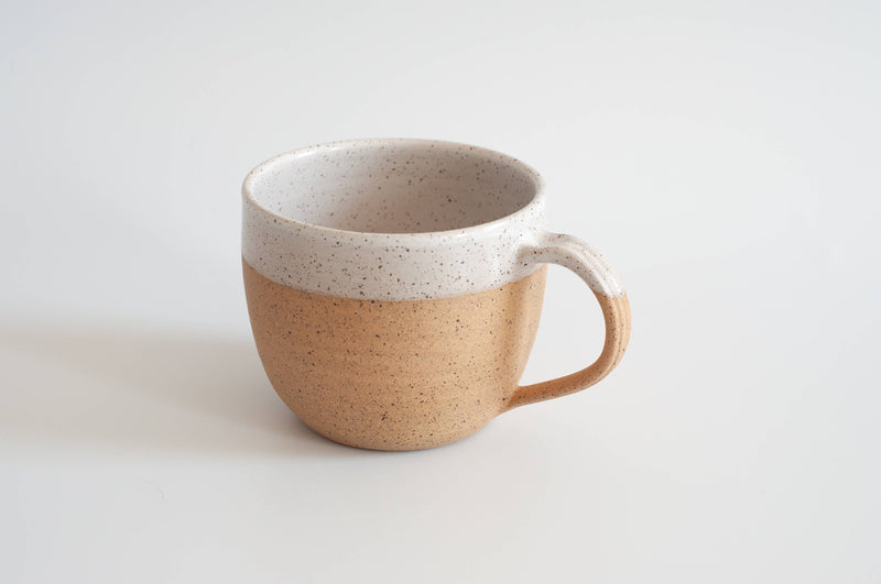RachaelPots - 18 Oz Jumbo Mug: Nude/White; hand-thrown stoneware mug with handle and thumb rest, ideal for coffee or soup. Microwave and dishwasher safe.