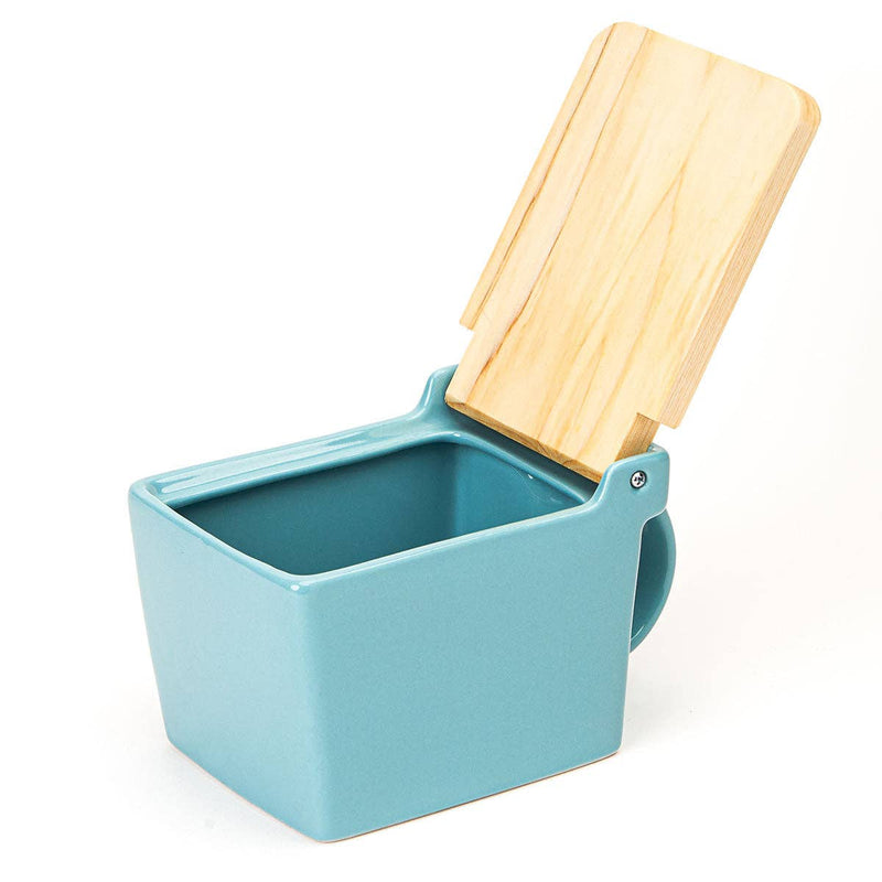 Zero Japan | Bee House Ceramic Salt Box With Wooden Lid & Dehumidifying Measuring Spoon, Ice Blue