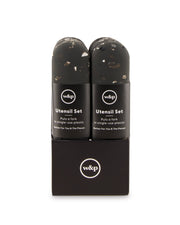 W&P - Stainless Steel Utensils Set in Silicone Carry Case: Terrazzo Charcoal shown in a compact, black container, ideal for portable use and easy cleaning.