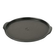 Emile Henry Ridged Pizza Stone, Charcoal, with integrated handles, suitable for achieving brick oven-quality pizza crusts at home, ideal for stovetop or oven use.