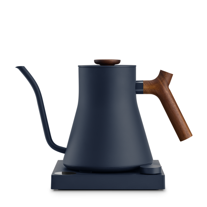 FELLOW - Stagg EKG Pro Electric Kettle: Stone Blue w/ Walnut, featuring a precision gooseneck and sculpted wooden handle, ideal for pour-over coffee brewing.