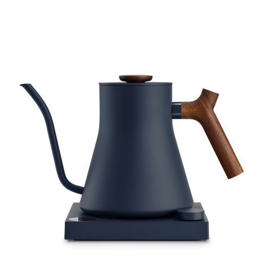 FELLOW - Stagg EKG Pro Electric Kettle: Stone Blue w/ Walnut, featuring a precision gooseneck and sculpted wooden handle, ideal for pour-over coffee brewing.