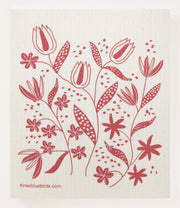 Three Bluebirds Swedish Dishcloth - Pink Wildflowers with red floral pattern, eco-friendly, reusable, and screen printed, suitable for kitchen cleaning, available at Athens Cooks.