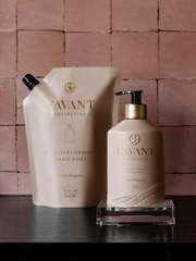 L'AVANT Collective - Hand Soap Refill Pouch Blushed Bergamot, featuring a refill pouch and pump bottle, elegantly displayed for Athens Cooks’ curated kitchen essentials.