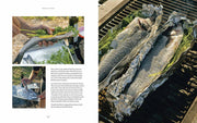Franklin Smoke cookbook spread showing step-by-step grilling of whole fish in foil boats; includes photos of stuffing fish with herbs, sealing foil, and grilling.