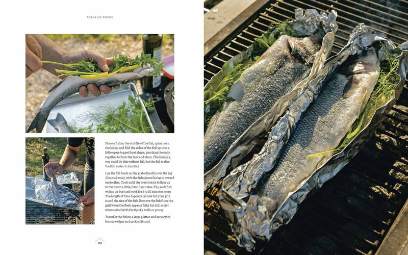 Franklin Smoke cookbook spread showing step-by-step grilling of whole fish in foil boats; includes photos of stuffing fish with herbs, sealing foil, and grilling.