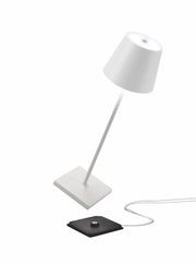 Zafferano America - Poldina Pro Cordless Lamp: Rust, featuring a sleek conical shade and slender stem on a square base, with a foot-switch module.