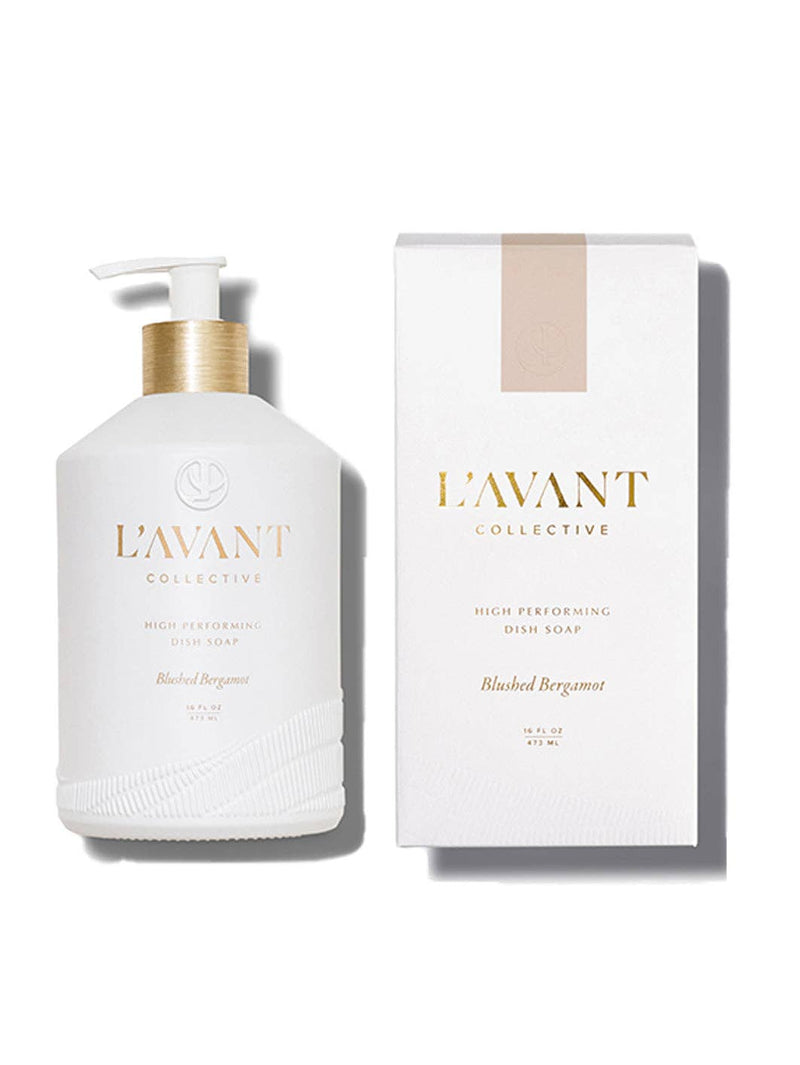 L'AVANT Collective - High Performing Dish Soap - Blushed Bergamot, in a matte white bottle with gold text, embodies luxury and functionality for your kitchen cleaning.