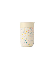 W&P - Ceramic Reusable Coffee Mug 16oz: Charcoal, featuring a colorful terrazzo-patterned silicone sleeve and a splash-resistant lid, designed for eco-friendly everyday use.