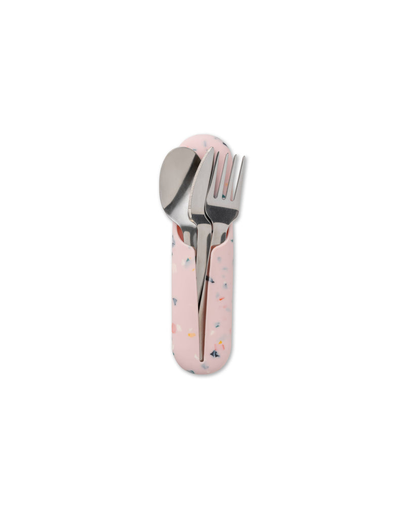W&P - Stainless Steel Utensils Set in Silicone Carry Case: Terrazzo Charcoal, featuring a compact fork, spoon, and knife in a sleek silicone case. Dishwasher safe, ideal for travel.
