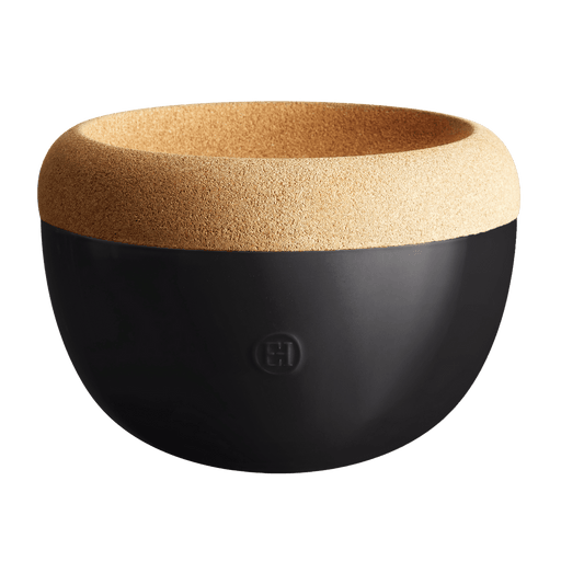Emile Henry | Deep Storage Bowl, Truffle: A matte black ceramic bowl with cork rim, ideal for preserving and storing fruits and root vegetables, showcasing innovative kitchen design.