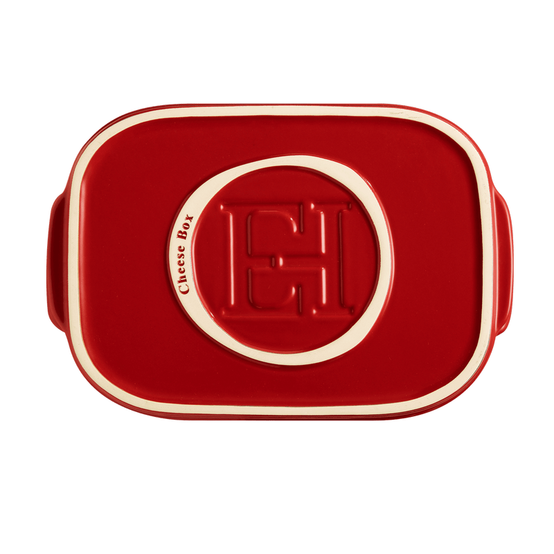 Emile Henry | Cheese Box: A ceramic storage and serving container with a CH embossed lid, ideal for storing and elegantly serving up to 10 cheese varieties.