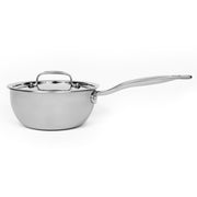 Heritage Steel 2 quart titanium saucier with lid, featuring a sleek stainless steel design and ergonomic handle for easy cooking