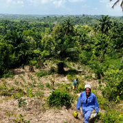 Two men in a tropical landscape carry freshly harvested coconuts, illustrating the origin of Burlap & Barrel's Swahili Coast Curry, a single-origin spice blend.