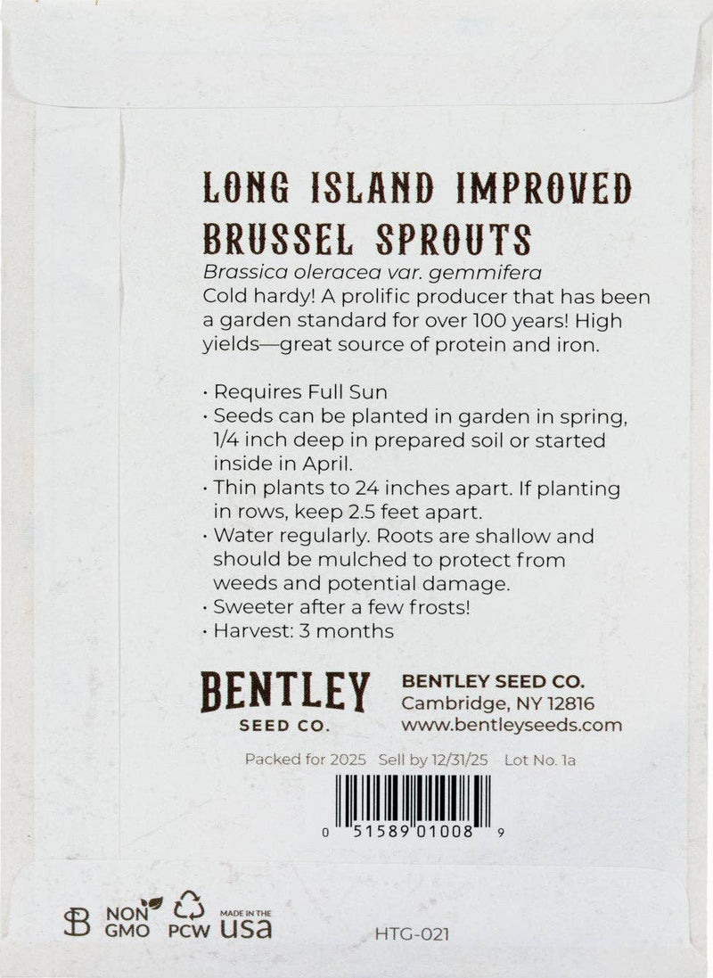 Bentley Seed Co. - Long Island 1890's Brussels Sprouts packet back, detailing planting instructions and benefits, including high yield, full sun requirement, and frost-enhanced sweetness.